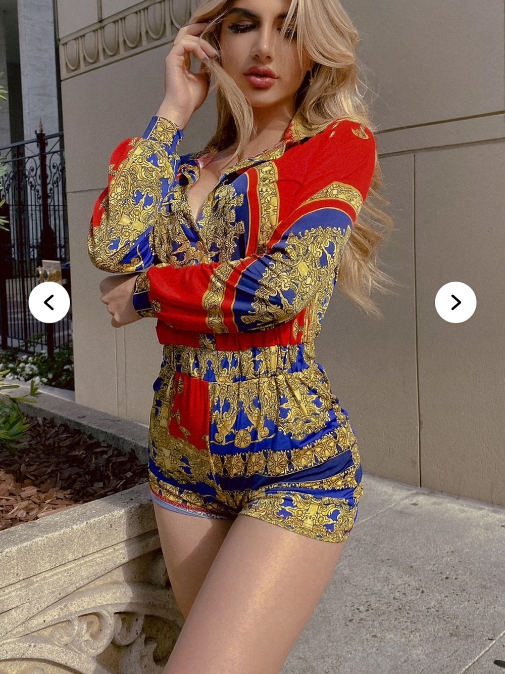 Fashion Nova Red, Royal Blue & Gold Baroque Romper